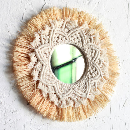 Boho Wall Mirror with Macrame Straw Frame 35cm by HitMyNeed