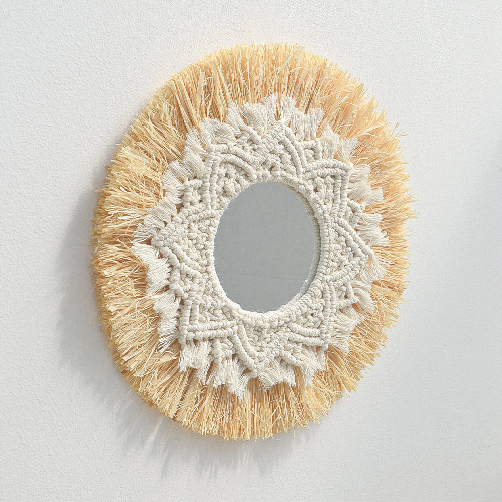 Boho Wall Mirror with Macrame Straw Frame 35cm by HitMyNeed