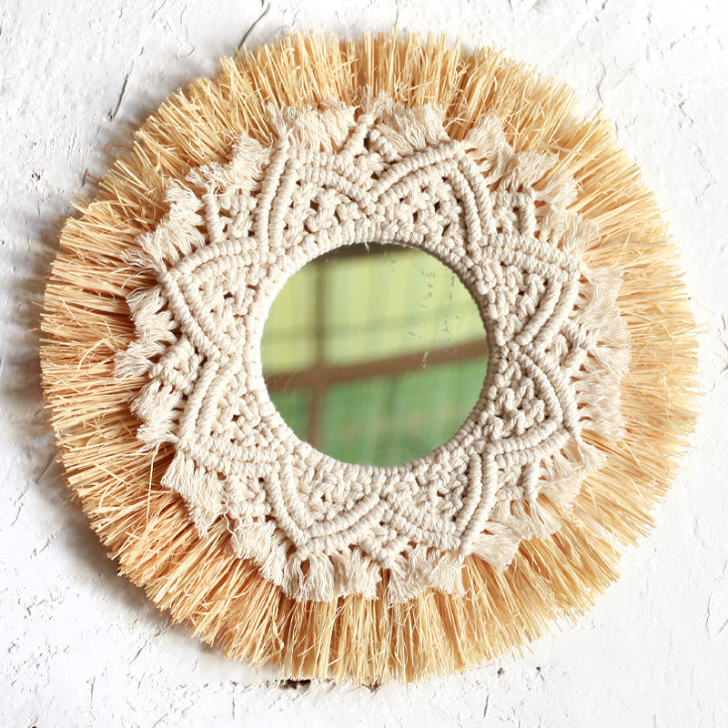 Boho Wall Mirror with Macrame Straw Frame 35cm by HitMyNeed