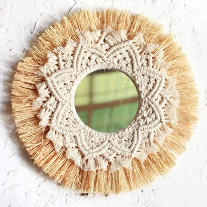 Boho Wall Mirror with Macrame Straw Frame 35cm by HitMyNeed