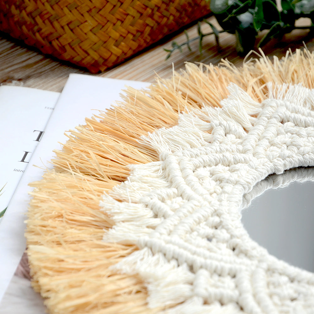 Boho Wall Mirror with Macrame Straw Frame 35cm by HitMyNeed