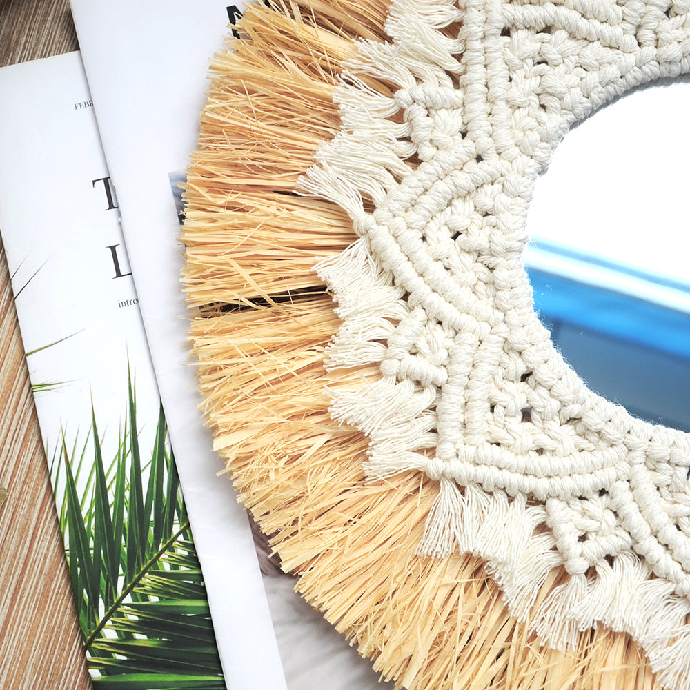 Boho Wall Mirror with Macrame Straw Frame 35cm by HitMyNeed