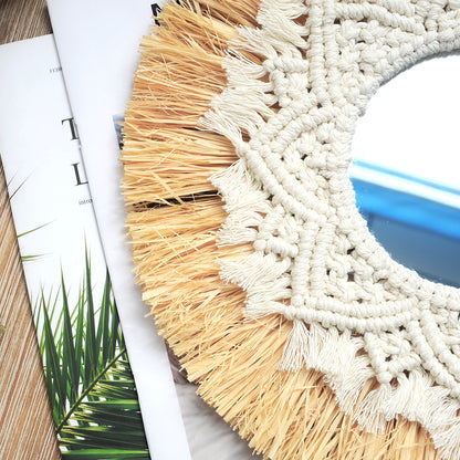 Boho Wall Mirror with Macrame Straw Frame 35cm by HitMyNeed
