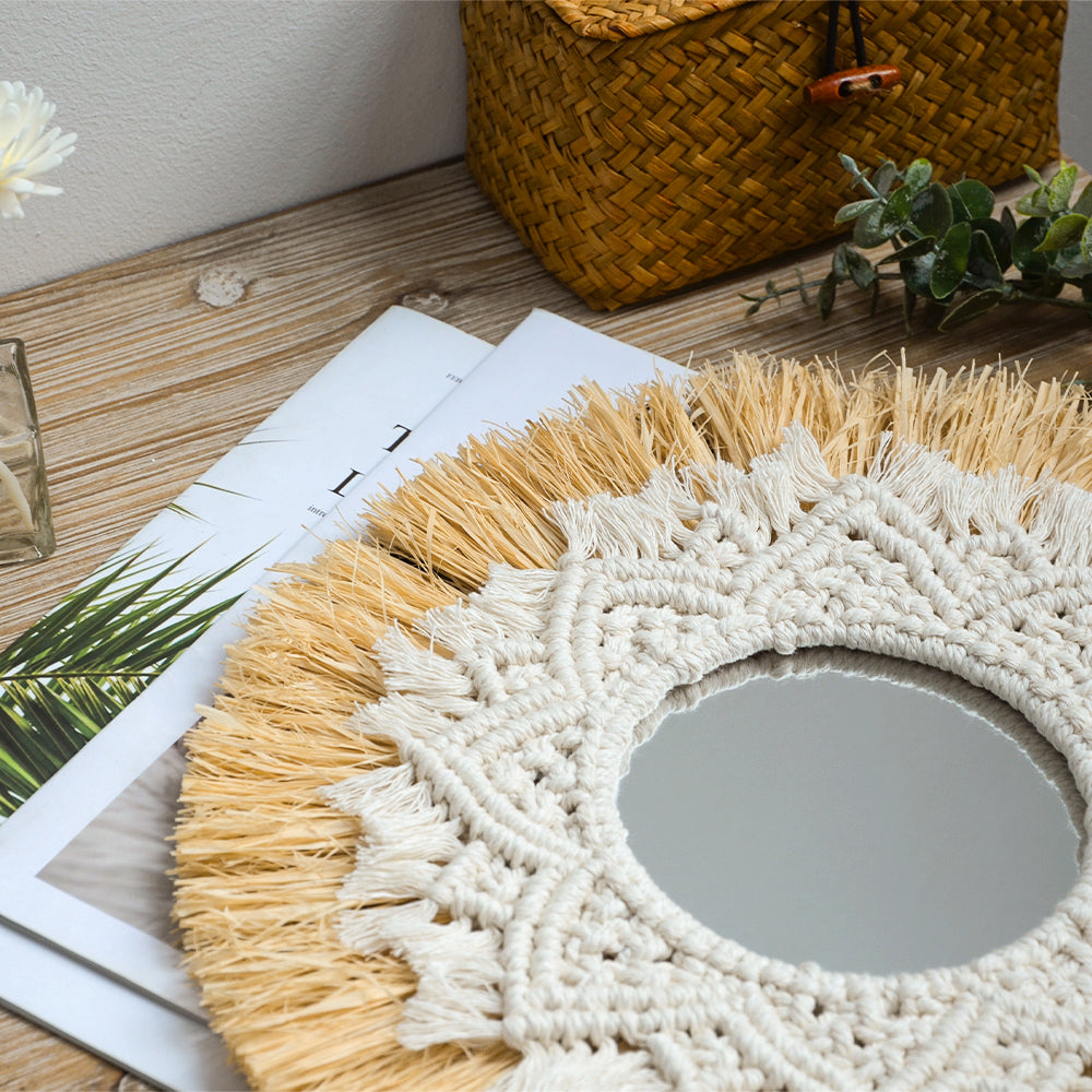 Boho Wall Mirror with Macrame Straw Frame 35cm by HitMyNeed