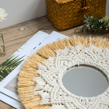 Boho Wall Mirror with Macrame Straw Frame 35cm by HitMyNeed