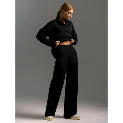 Bornladies Winter Knitted Polo Sweater & Wide Leg Pants Set by HitMyNeed