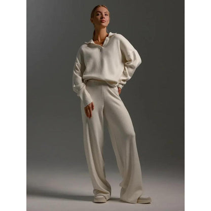 Bornladies Winter Knitted Polo Sweater & Wide Leg Pants Set by HitMyNeed