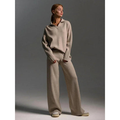Bornladies Winter Knitted Polo Sweater & Wide Leg Pants Set by HitMyNeed