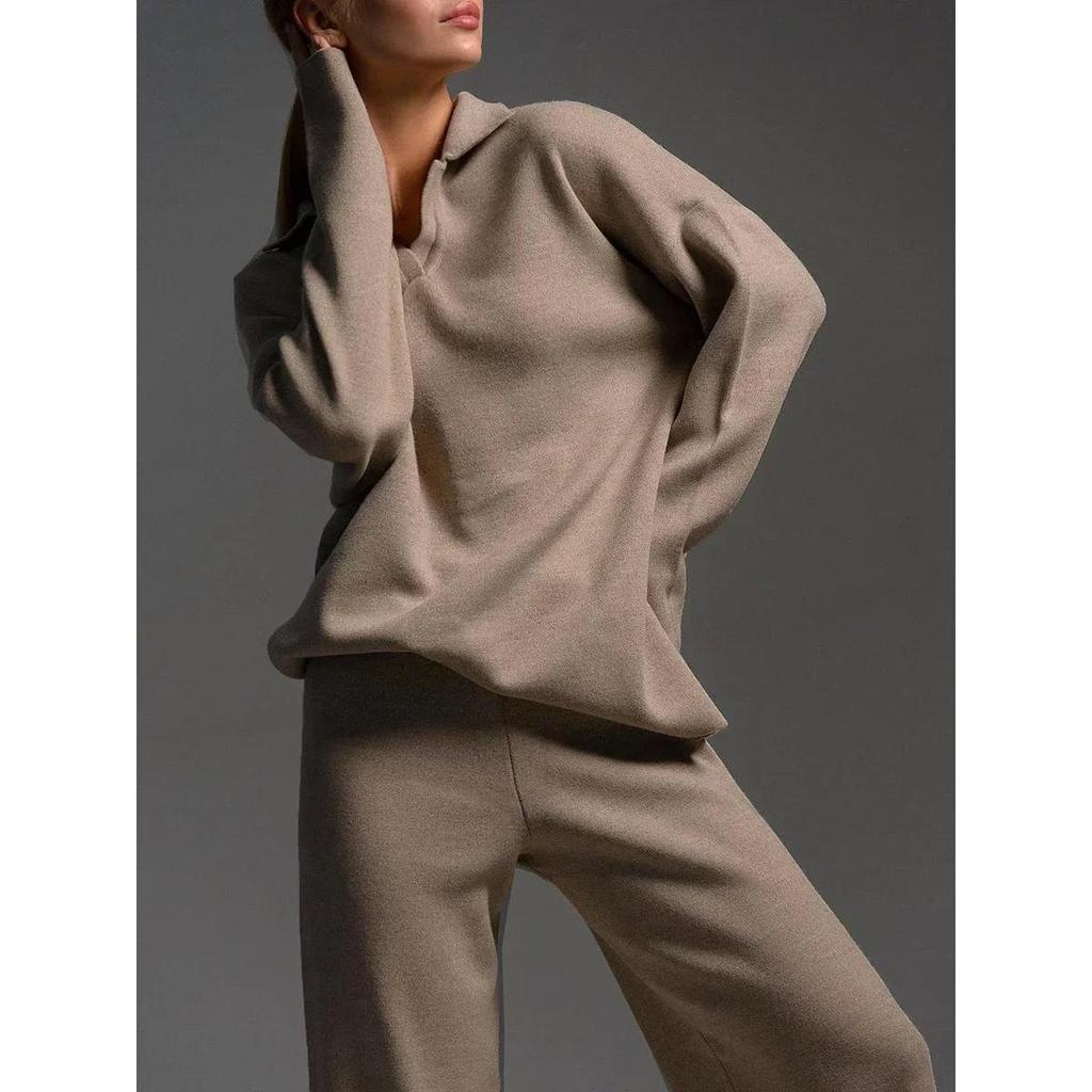 Bornladies Winter Knitted Polo Sweater & Wide Leg Pants Set by HitMyNeed