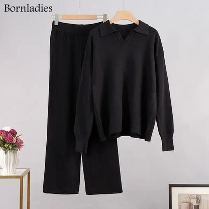 Bornladies Winter Knitted Polo Sweater & Wide Leg Pants Set black s by HitMyNeed