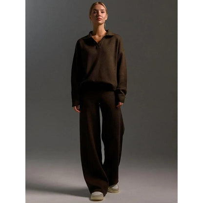 Bornladies Winter Knitted Polo Sweater & Wide Leg Pants Set brown l by HitMyNeed
