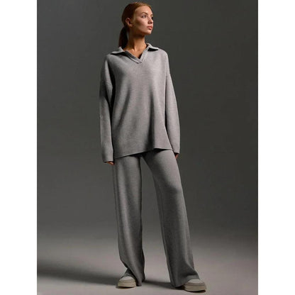 Bornladies Winter Knitted Polo Sweater & Wide Leg Pants Set gray s by HitMyNeed