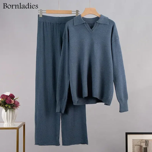 Bornladies Winter Knitted Polo Sweater & Wide Leg Pants Set haze-blue m by HitMyNeed