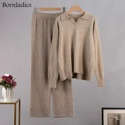 Bornladies Winter Knitted Polo Sweater & Wide Leg Pants Set khaki s by HitMyNeed