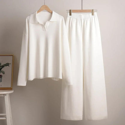 Bornladies Winter Knitted Polo Sweater & Wide Leg Pants Set white l by HitMyNeed
