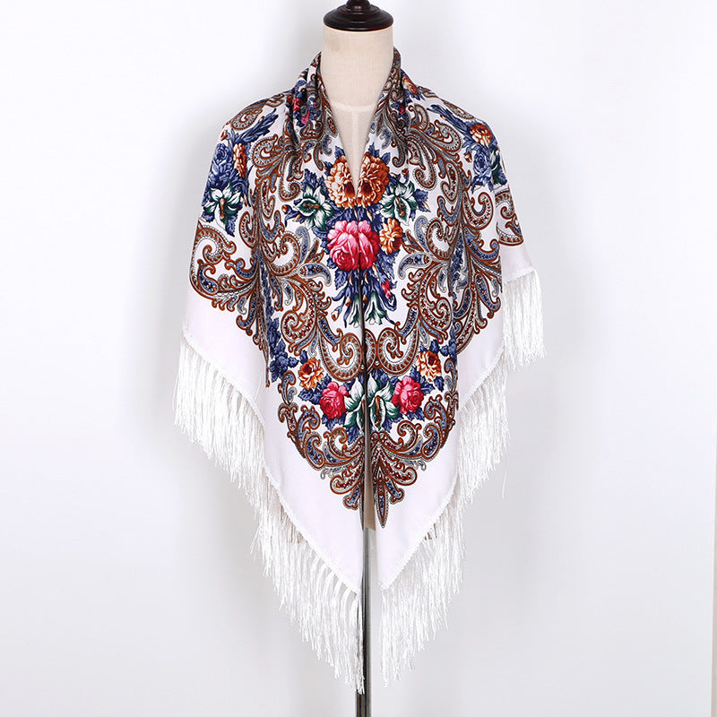 Breathable Cotton Vintage Shawl Wrap 130 x 130 cm white-blue by HitMyNeed