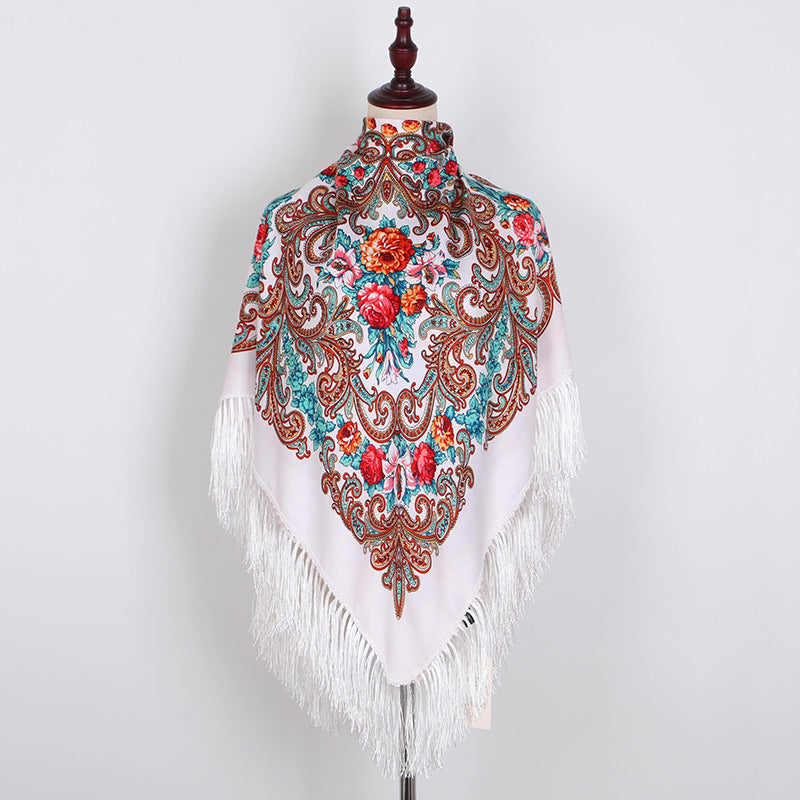 Breathable Cotton Vintage Shawl Wrap 130 x 130 cm white-red by HitMyNeed