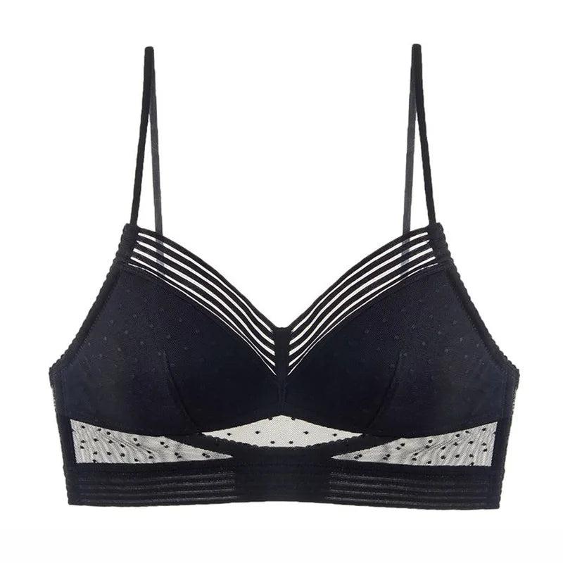 Breathable Cotton Wirefree Lace Bra black s by HitMyNeed