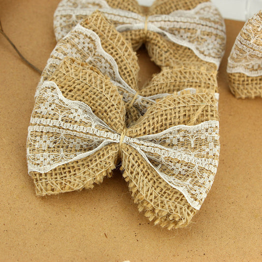 Burlap Jute Bows with White Lace, 10 Pack by HitMyNeed