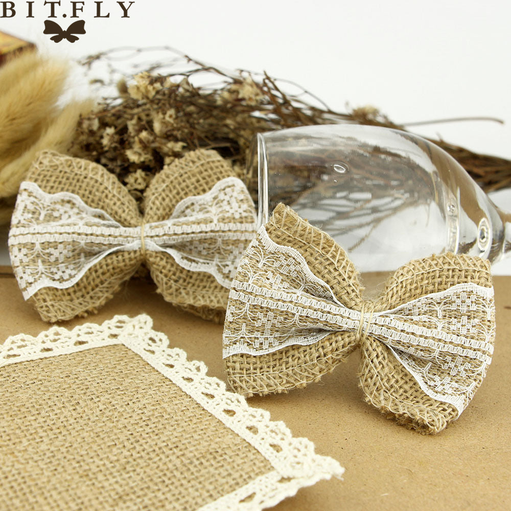 Burlap Jute Bows with White Lace, 10 Pack by HitMyNeed