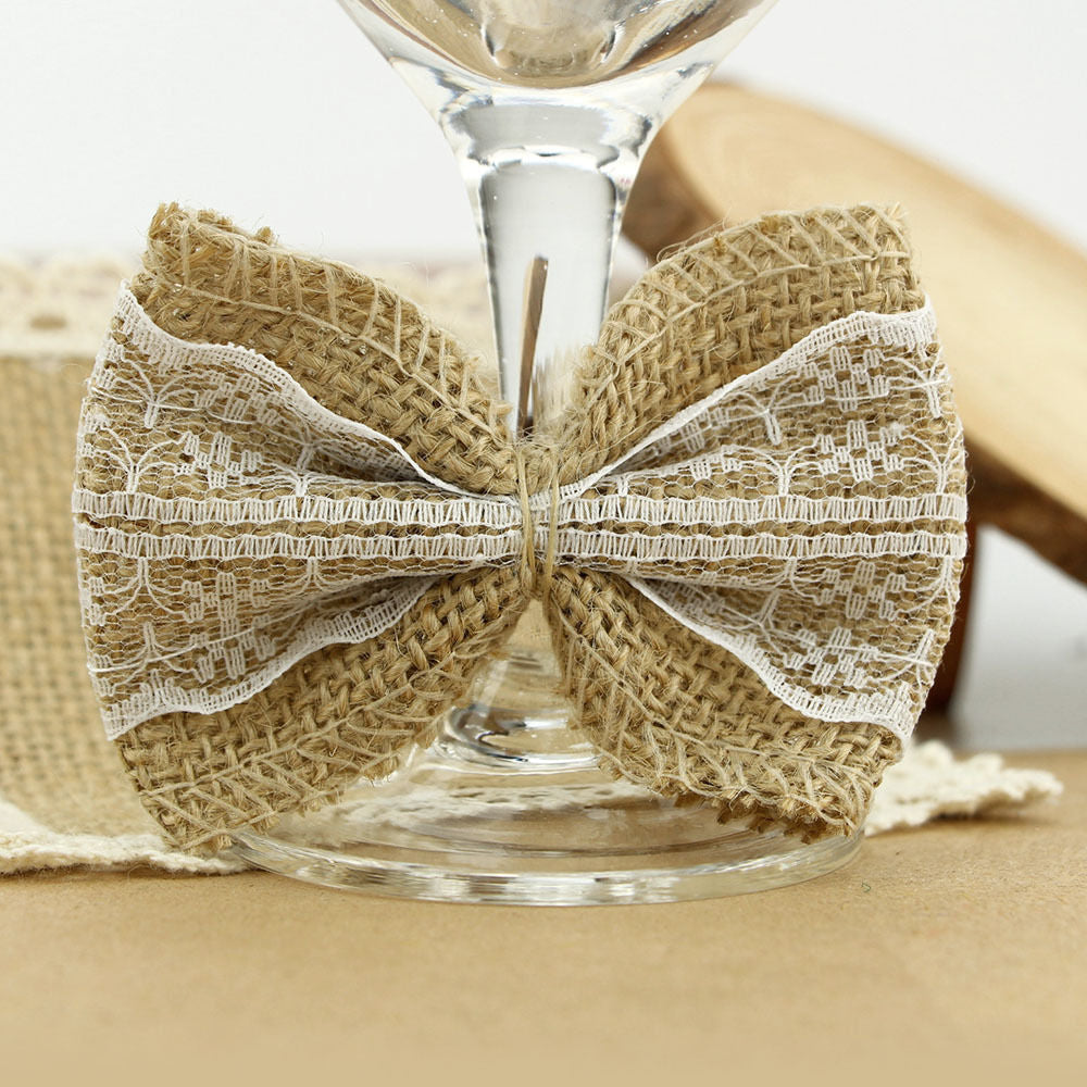 Burlap Jute Bows with White Lace, 10 Pack by HitMyNeed