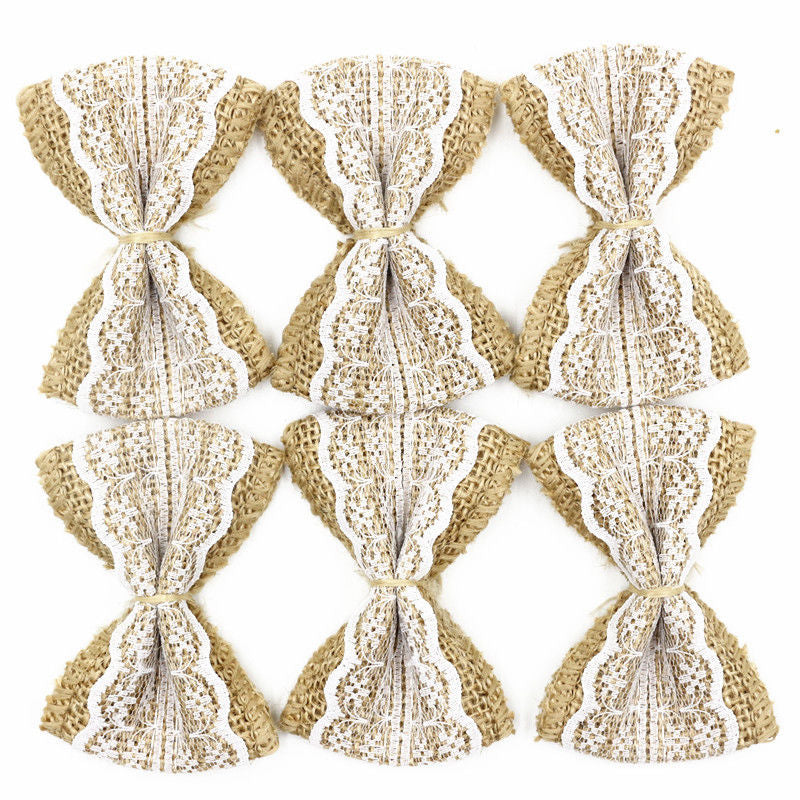 Burlap Jute Bows with White Lace, 10 Pack by HitMyNeed