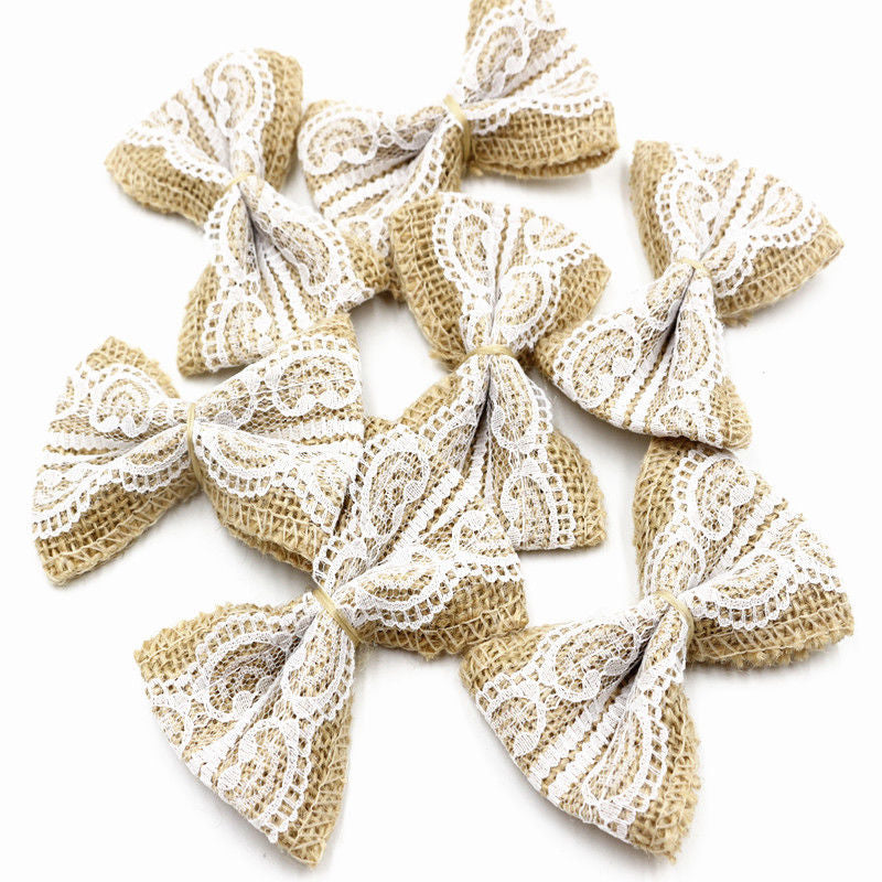 Burlap Jute Bows with White Lace, 10 Pack by HitMyNeed