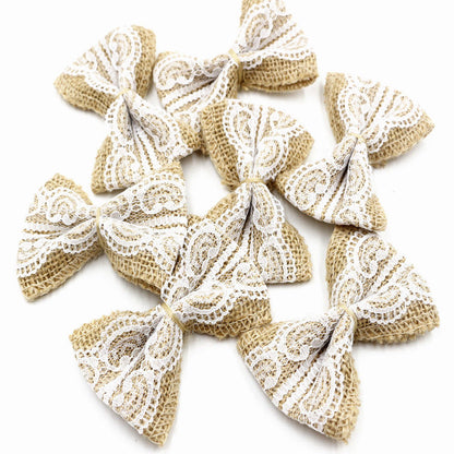 Burlap Jute Bows with White Lace, 10 Pack by HitMyNeed