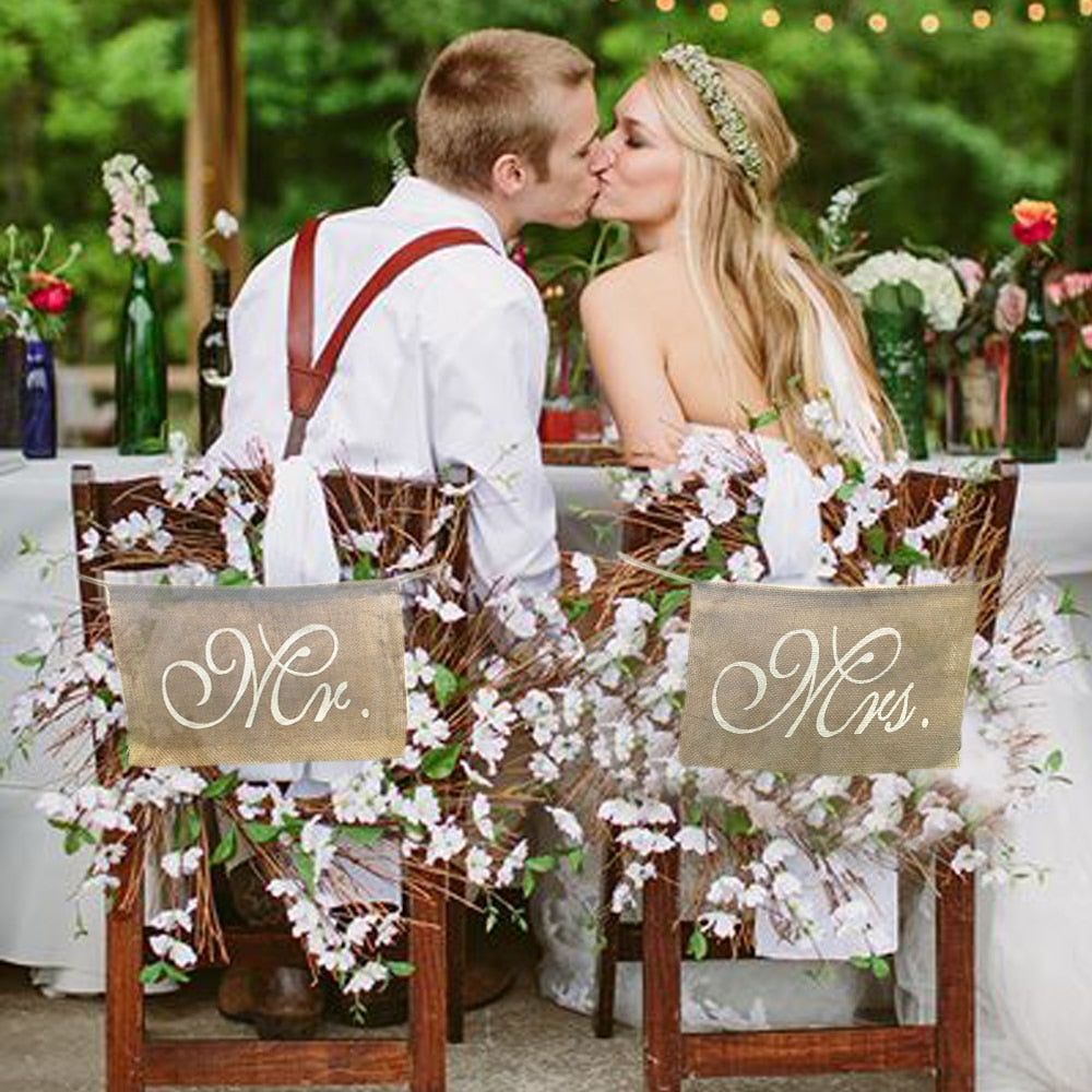Burlap Mr and Mrs Chair Signs Set for Weddings by HitMyNeed