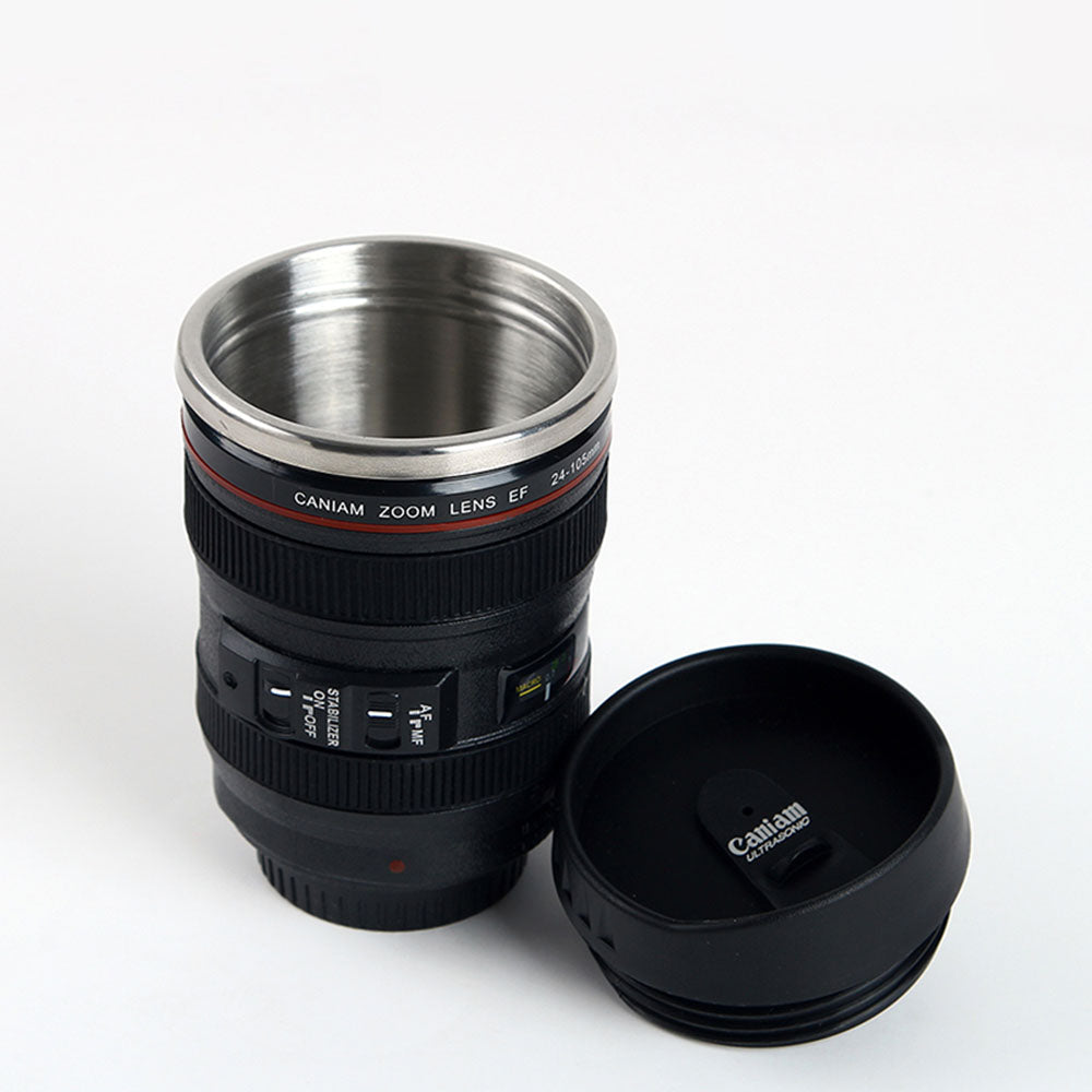 Camera Lens Mug with Lid - 400ml Stainless Steel Cup by HitMyNeed