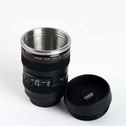Camera Lens Mug with Lid - 400ml Stainless Steel Cup by HitMyNeed