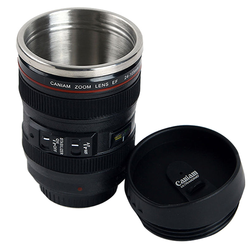 Camera Lens Mug with Lid - 400ml Stainless Steel Cup by HitMyNeed