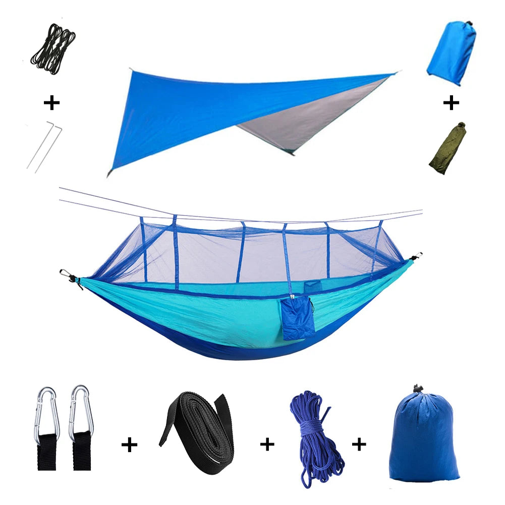 Camping Hammock with Mosquito Net & Rain Tarp bluegreen-with-blue by HitMyNeed