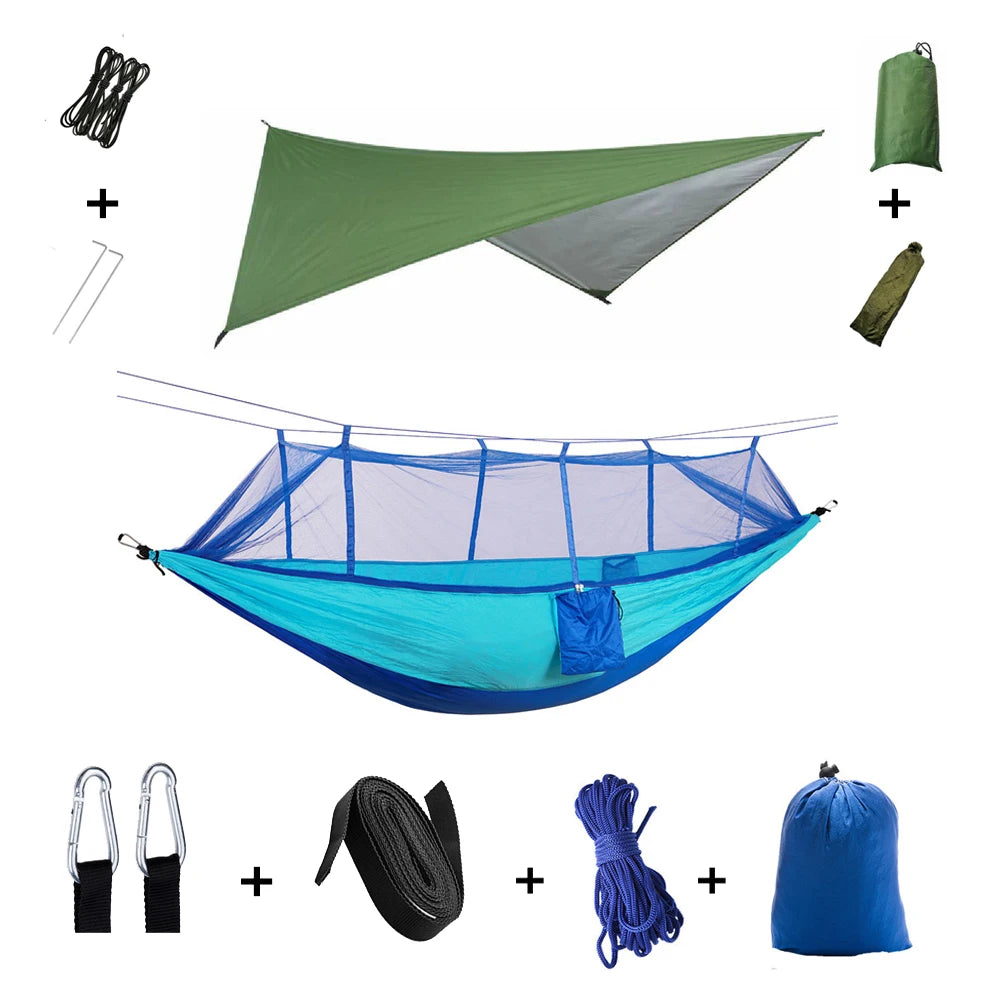 Camping Hammock with Mosquito Net & Rain Tarp bluegreen-with-green by HitMyNeed