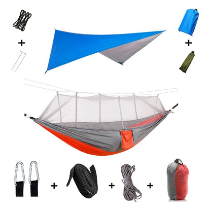 Camping Hammock with Mosquito Net & Rain Tarp orange-with-blue by HitMyNeed