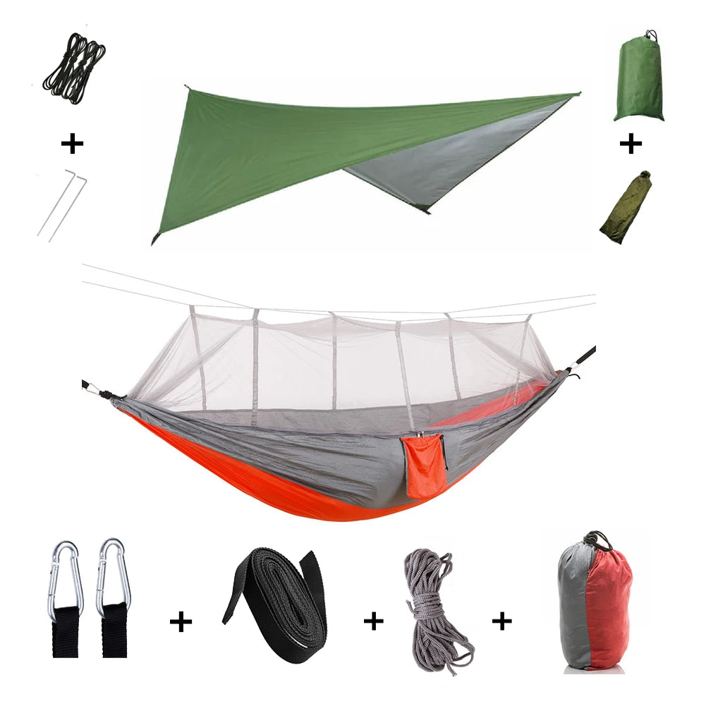 Camping Hammock with Mosquito Net & Rain Tarp orange-with-green by HitMyNeed