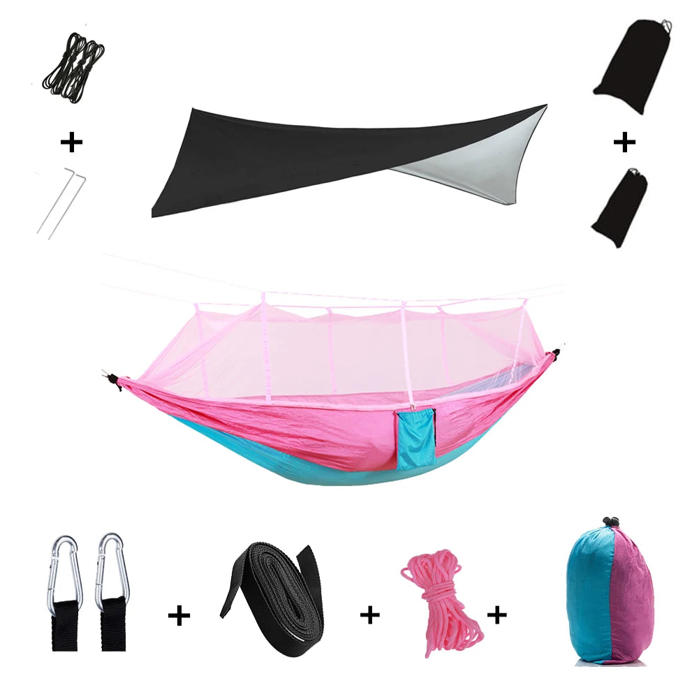 Camping Hammock with Mosquito Net & Rain Tarp pink-with-black by HitMyNeed