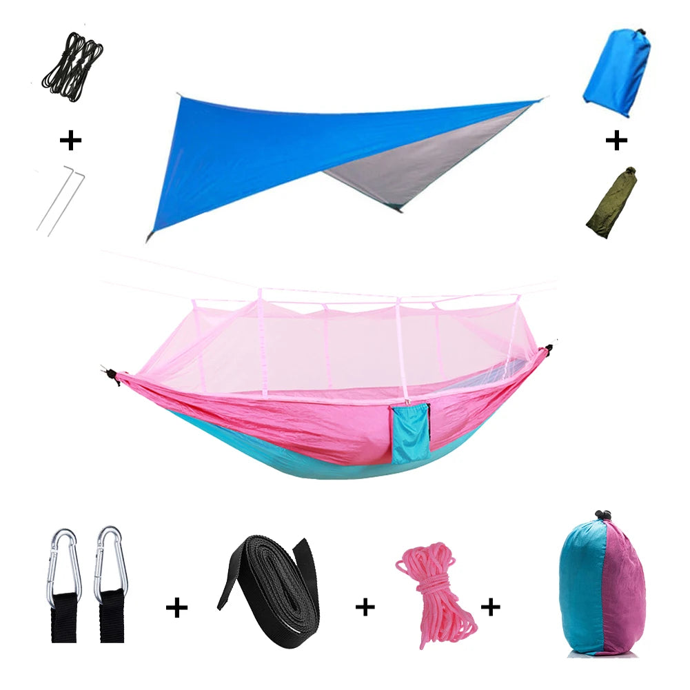 Camping Hammock with Mosquito Net & Rain Tarp pink-with-blue by HitMyNeed