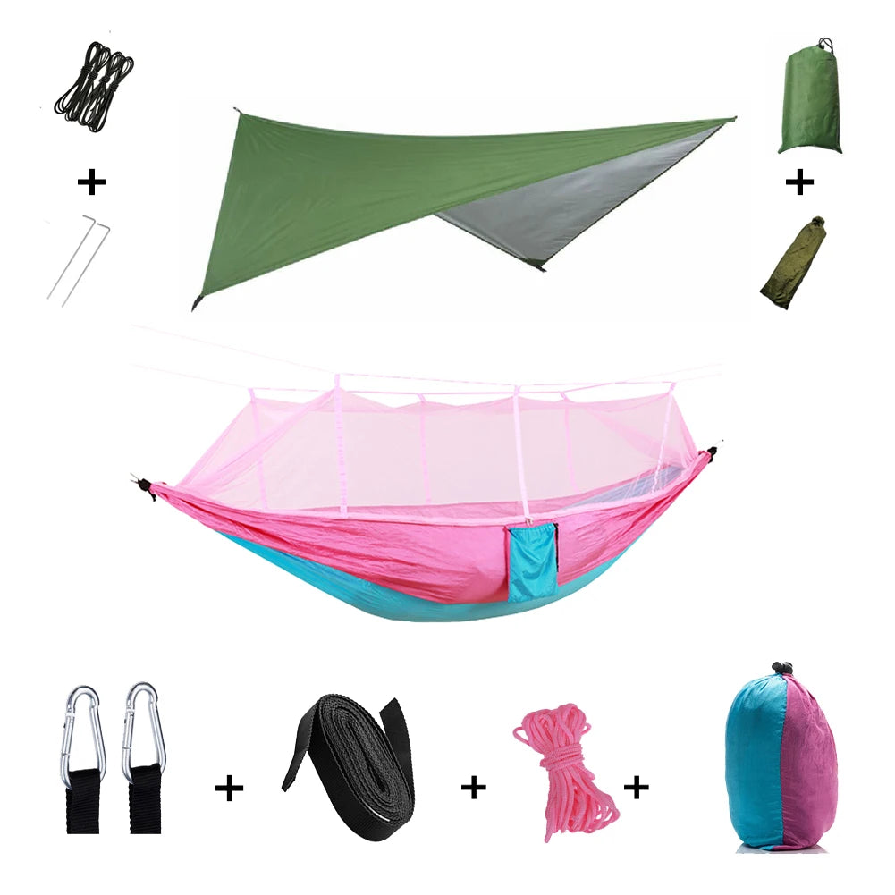 Camping Hammock with Mosquito Net & Rain Tarp pink-with-green by HitMyNeed