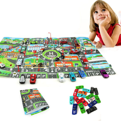 Car Play Mat Parking Road Map with 10 Toy Cars by HitMyNeed