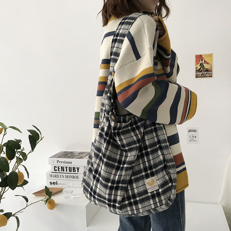 Casual Plaid Canvas Tote Bag with Shoulder Strap by HitMyNeed