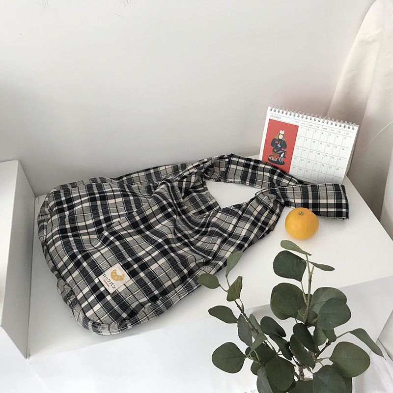 Casual Plaid Canvas Tote Bag with Shoulder Strap by HitMyNeed
