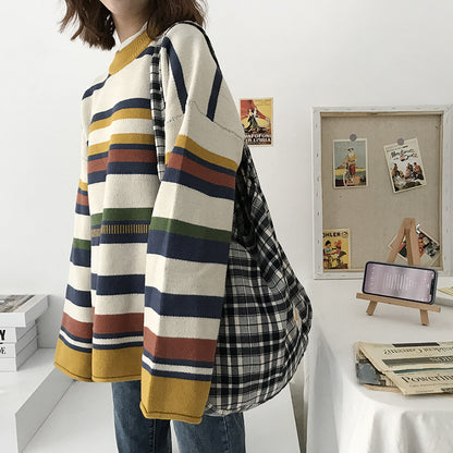 Casual Plaid Canvas Tote Bag with Shoulder Strap by HitMyNeed