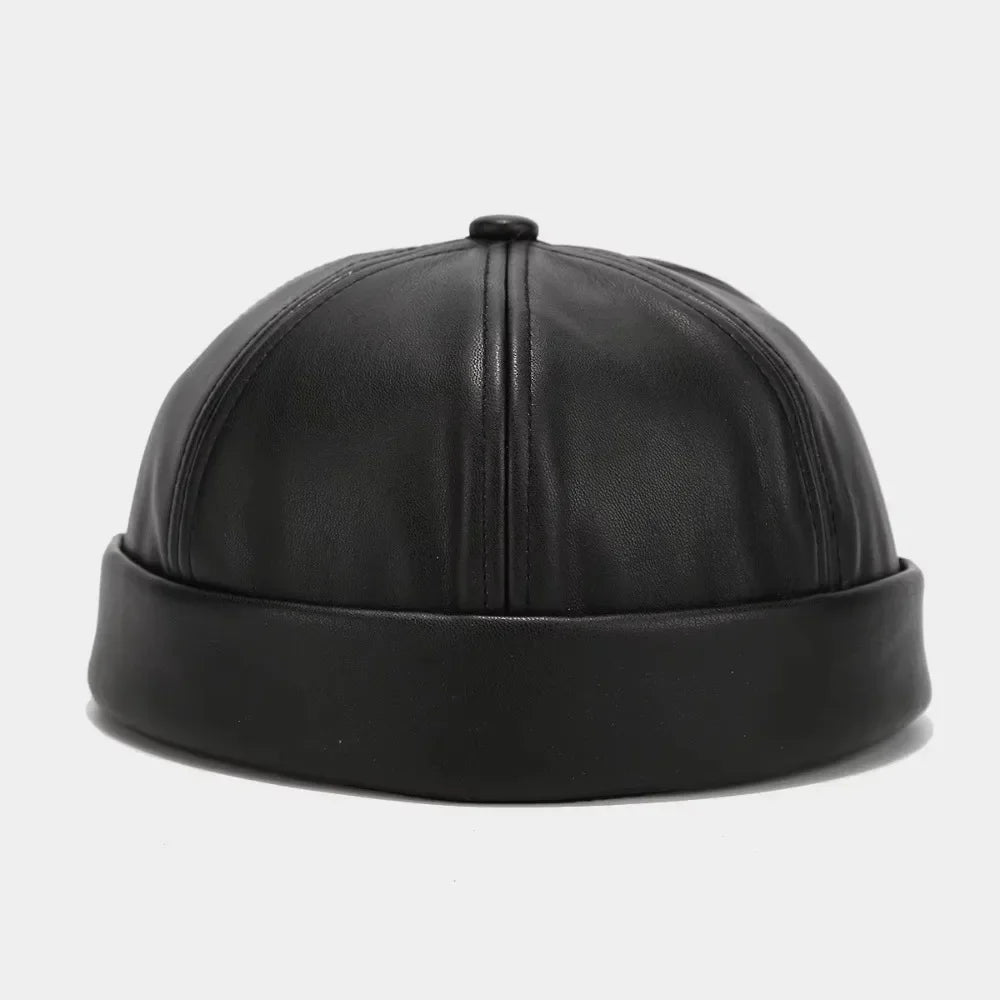Casual Retro Brimless PU Leather Docker Cap black-pu-leather by HitMyNeed