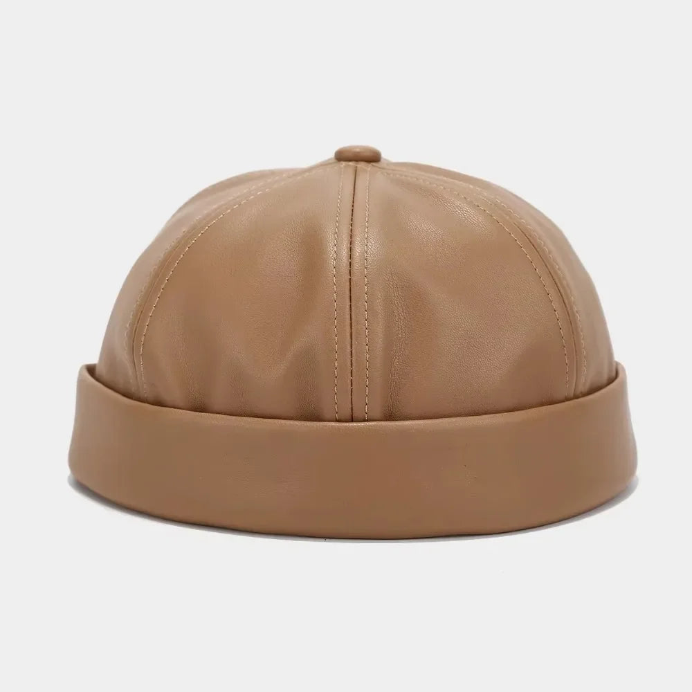 Casual Retro Brimless PU Leather Docker Cap khaki-pu-leather by HitMyNeed