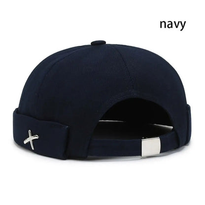 Casual Retro Brimless PU Leather Docker Cap navy-cotton by HitMyNeed