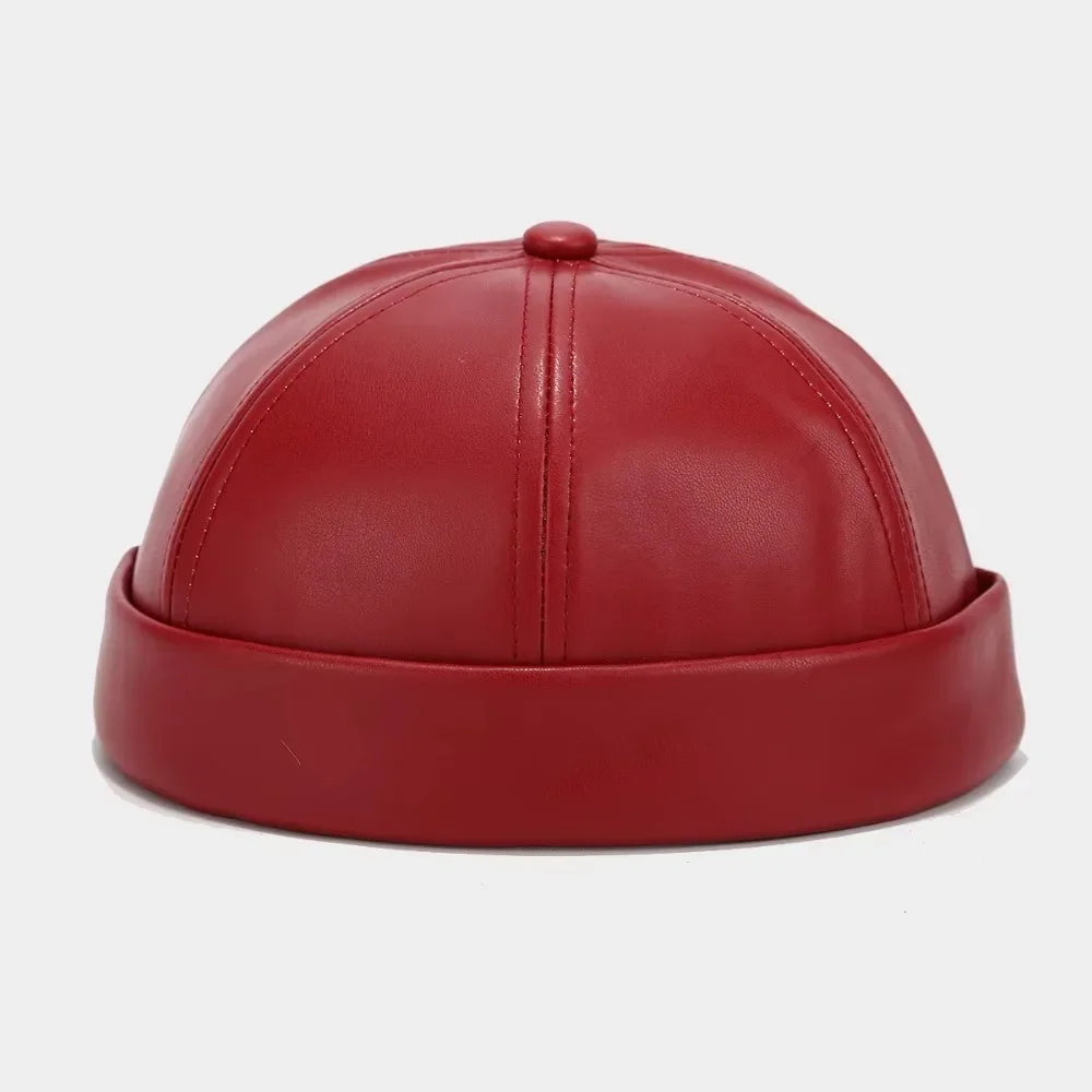 Casual Retro Brimless PU Leather Docker Cap red-pu-leather by HitMyNeed