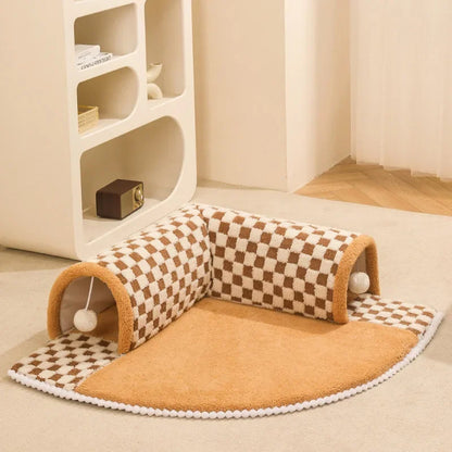Cat Bed with Tunnel and Toys for Play and Rest coffee 60x60cm by HitMyNeed