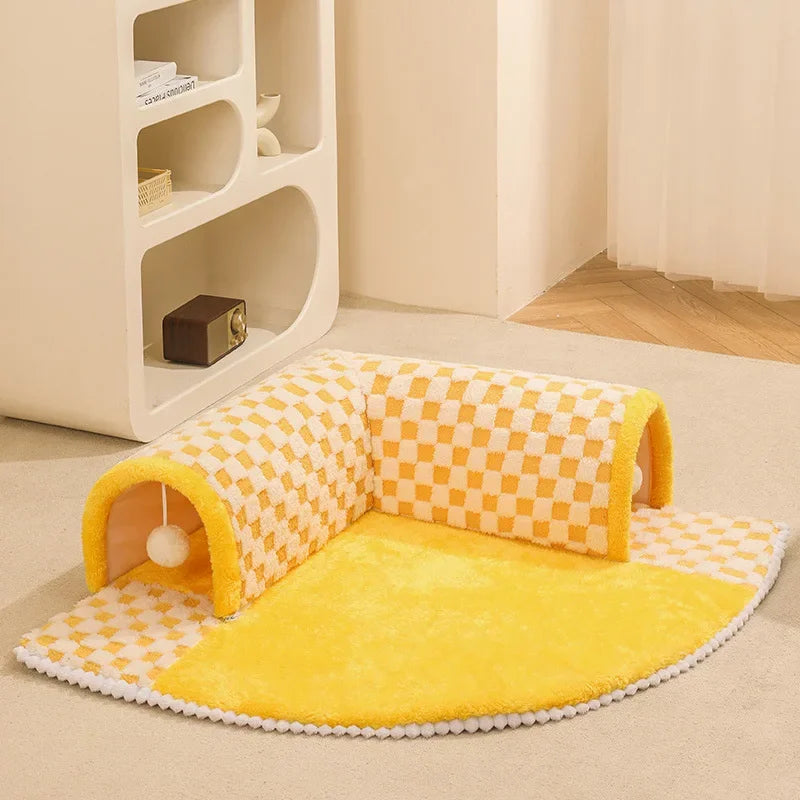 Cat Bed with Tunnel and Toys for Play and Rest yellow 80x80cm by HitMyNeed