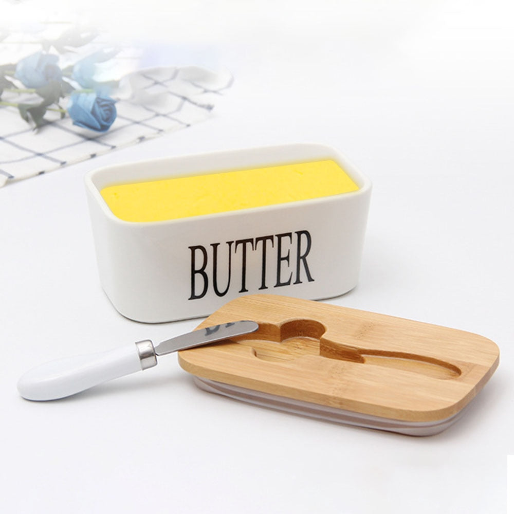 Ceramic Butter Box with Oak Lid and Knife Storage by HitMyNeed